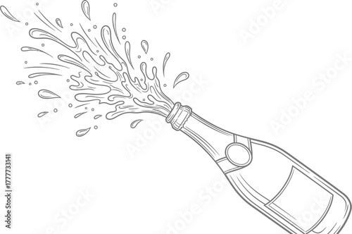 Champagne bottle popping with splashing liquid in a black and white line drawing