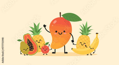 Joyful Tropical Fruits Characters Smiling And Waving In A Whimsical Illustration