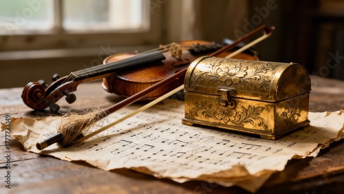 A symbolic still life of musical reflection: a violin bow, sheet music, and brass music box in soft diffused window light