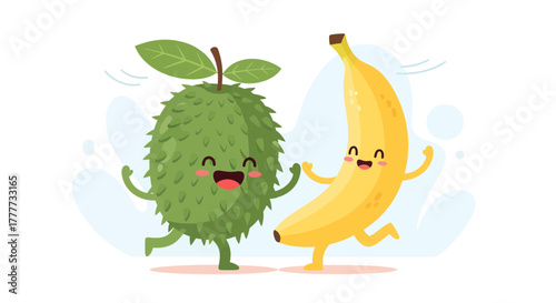 Joyful Tropical Fruits: An Adorable Soursop And Banana Embracing Each Other Happily