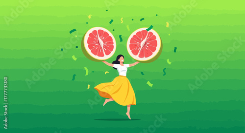 Joyful Woman Celebrating and Holding Giant Grapefruit Halves against a Vivid Green Background