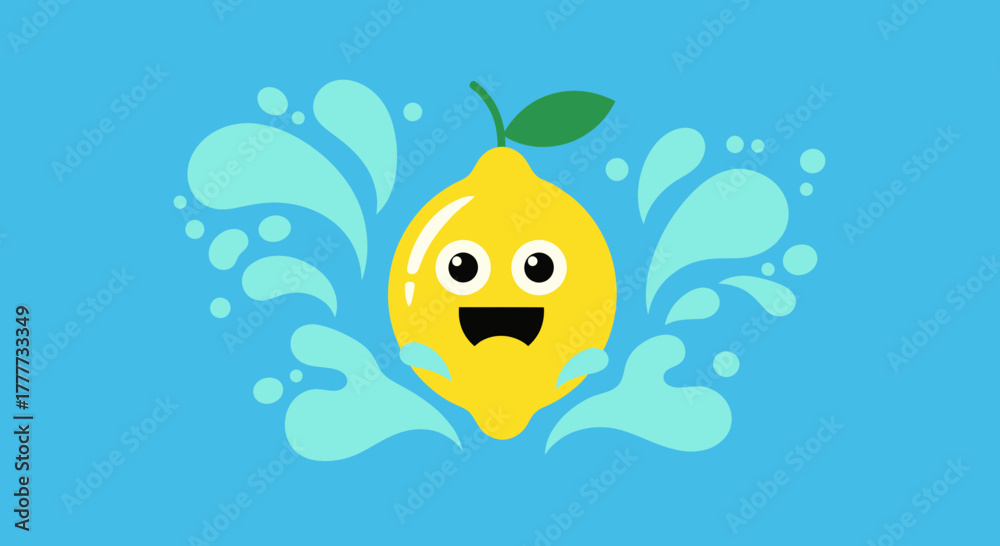 Obraz premium Jumping Lemon Character With Water Splashes Against A Bright Aqua Backdrop