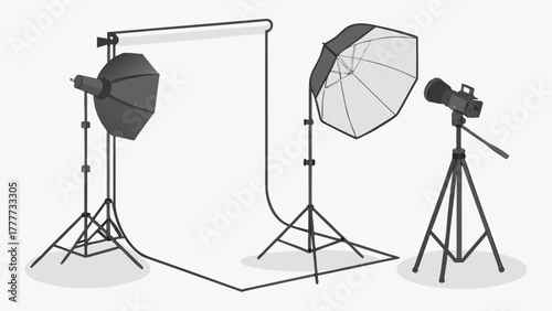 "Realistic 3D render of professional photography set with multiple lighting sources, seamless white backdrop, and reflector umbrella. Modern studio setup for product, fashion, and portrait photography