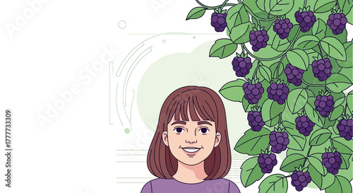 Joyful Young Woman Smiles Beside Abundant Fruiting Blackberry Bush in Garden