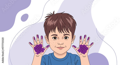 Joyful Youngster Displaying Purple Paint on Hands After Artistic Endeavor