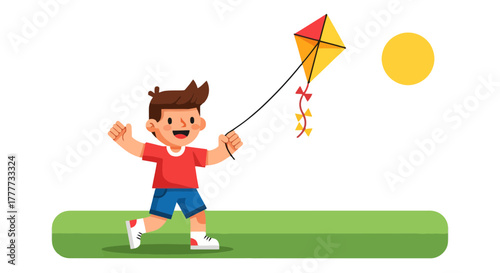 Joyful Youngster Flying a Colorful Kite Under a Sunny Sky at Daytime Leisure Moments