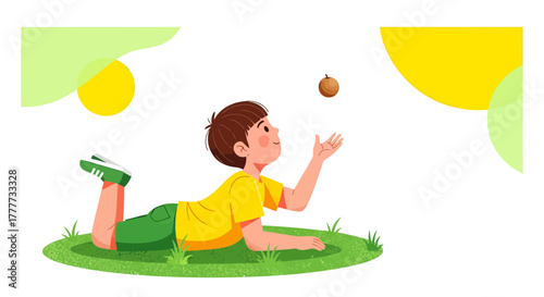 Joyful Youngster Playing Gracefully With Fruit Under a Brightly Shining Sunlight