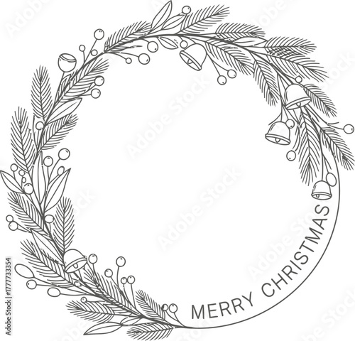 Elegant christmas wreath with bells and berries in a minimalist line art style