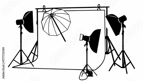 "Realistic 3D render of professional photography set with multiple lighting sources, seamless white backdrop, and reflector umbrella. Modern studio setup for product, fashion, and portrait photography