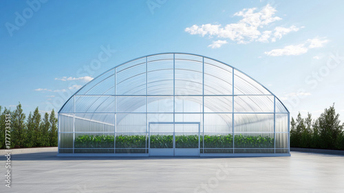 Fototapeta Naklejka Na Ścianę i Meble -  a greenhouse with a curved roof with clear blue sky above. with copy space. 3d illustration.