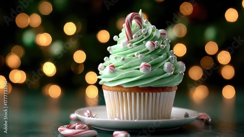 Festive green Christmas tree cupcake with candy cane and colorful sprinkles on a rotating plate, glowing bokeh lights in the background for a cheerful holiday scene