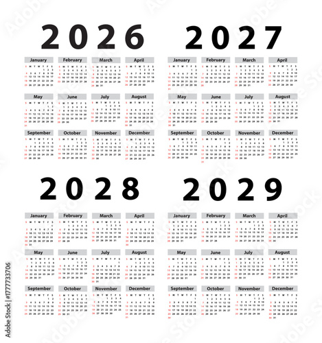 Calendar set 2026; 2027; 2028; 2029,  starting from Sunday. Vector
