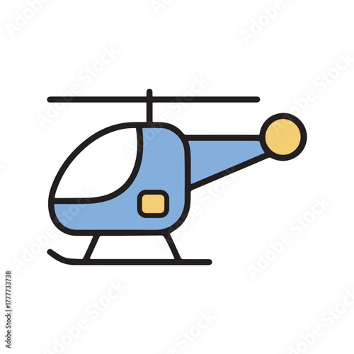 Simple Icon of a light blue helicopter with yellow accents and rotor blades