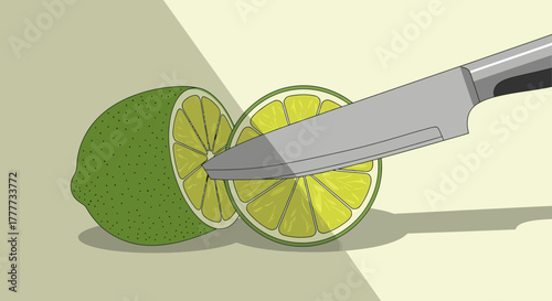 Lime Being Sliced With a Knife, Fresh Citrus Fruit Preparation, Studio Shot