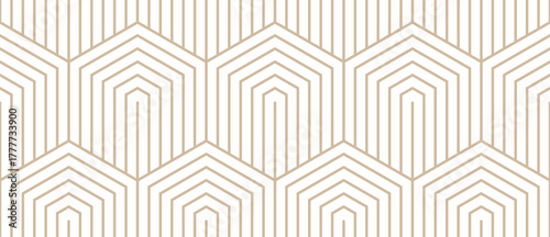 Vector geometric seamless pattern. Golden minimal ornament texture with hexagons, lines. Gold and white abstract background with hexagonal grid. Simple minimalist linear texture. Repeatable design