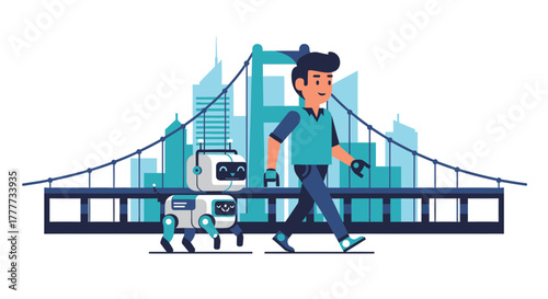 Man And Robot Walking Together Near Urban City Bridge Illustration