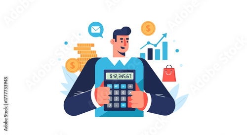 Man Calculating Finances with Financial Growth and Business Success Illustration