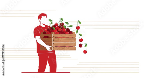 Man Carrying Box of Freshly Harvested Cherries with Decorative Background