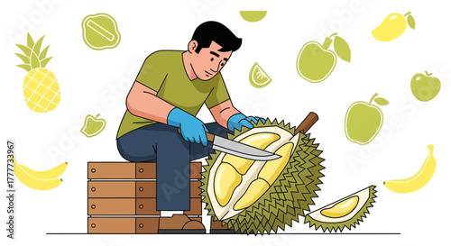 Man Carefully Slicing a Spiky Durian Fruit with Fresh Fruits in Flat Illustration