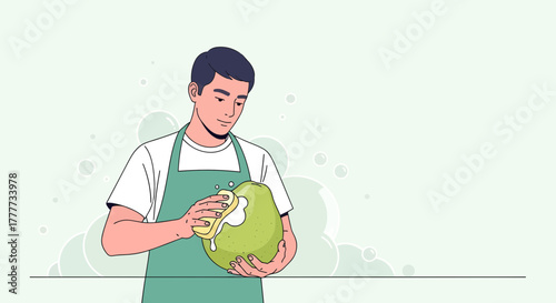 Man Cleans Giant Fruit With Sponge, Concept of Hygiene, Freshness, and Healthy Eating