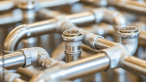 Intricate network of shiny metal pipes and plumbing system