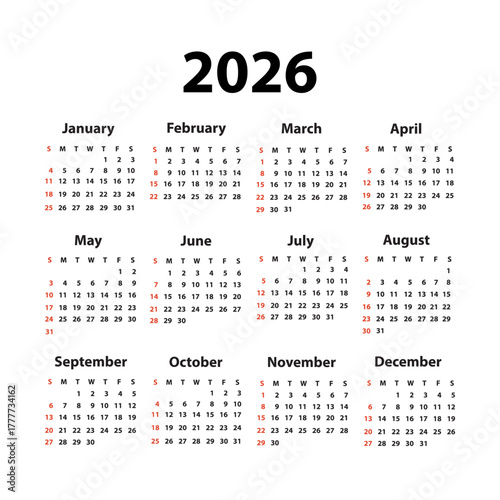 Calendar 2026 starting from Sunday. Vector