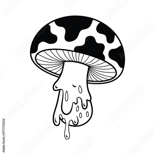 Psychedelic melting mushroom with cow pattern cap black and white illustration