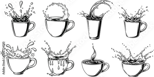 Hand-drawn home barista coffee and beverage splash icons set