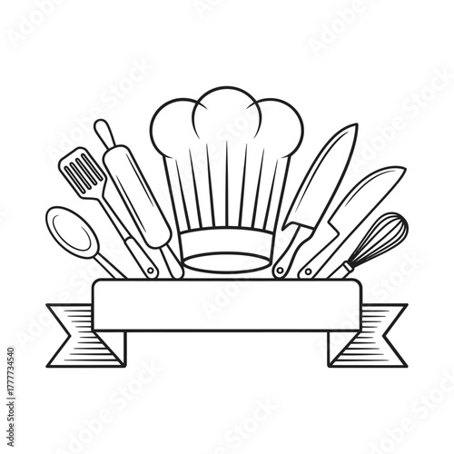 Hand drawn sketch of chef hat and kitchen utensils with blank ribbon for text
