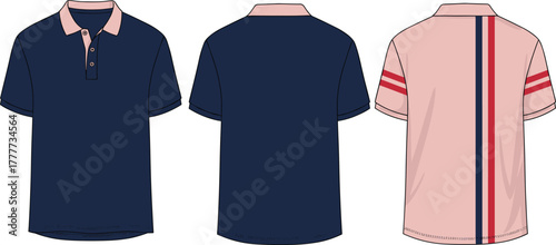 Modern polo shirt design, navy blue front, pink collar, striped sleeve detail, fashion apparel mockup, stylish casual wear, vector illustration