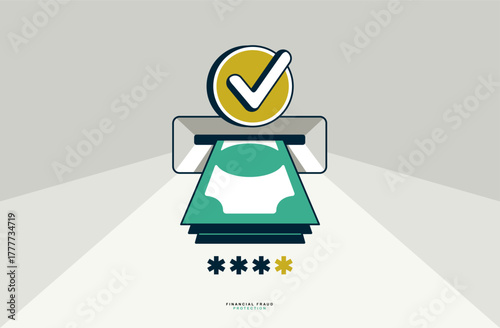 Money stack from ATM with password or code conceptual poster, financial fraud protection concept, icon style vector illustration of a banknotes pile and ATM and password or code typing.