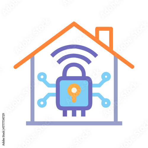 Smart home cybersecurity icon featuring a lock and wireless signals on a white background
