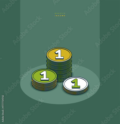 Passive income concept poster, coin stack vector icon style illustration, revenue and interest metaphor, royalty.