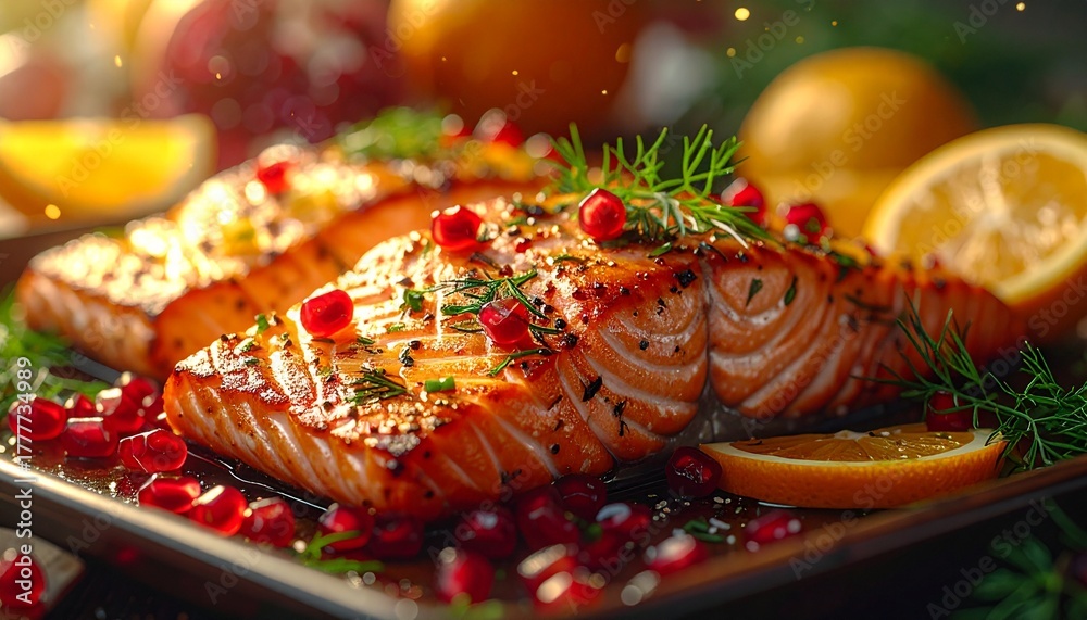 Naklejka premium Pieczone filety z łososia z granatem, plasterkami pomarańczy i cytryn