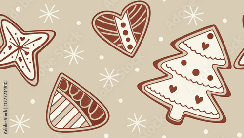 Seamless pattern with gingerbread cookies. Festive background for birthday or holiday wrapping paper and event decoration, vector illustration.