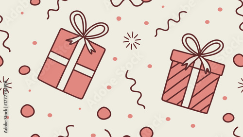 Seamless pattern with hand-drawn pink gift boxes and confetti. Festive background for birthday or holiday wrapping paper and event decoration, vector illustration.