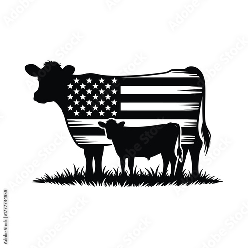 Silhouette of a mother cow and calf with american flag texture