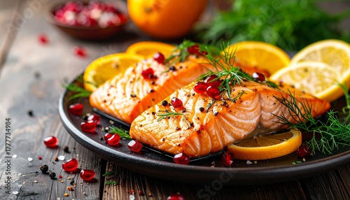 Wallpaper Mural Baked salmon fillets with pomegranate, orange and lemon slices Torontodigital.ca