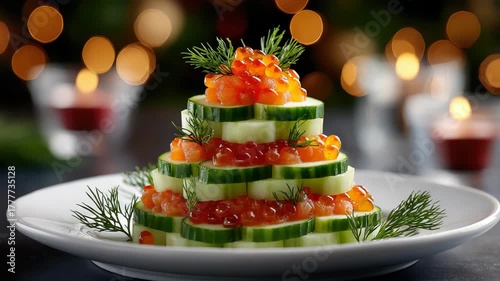 Imaginative Christmas tree of cucumber slices layered with salmon and red caviar on a white platter, festive appetizer with soft bokeh lights for holiday gatherings