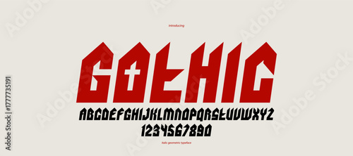 Sharp and bold italic vector display font for logo, gothic or heavy metal style modern typeface, edgy hard rock letters and numbers alphabet for titles or slogans, heavy typography.