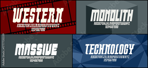 Brutal geometric vector fonts set, bold and massive alphabet typefaces, strong and heavy typeset collection, useful for logo creation, urban letters set.