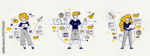 Work in social media, influencer messaging and comment some posts vector outline illustration set, support service, work with customers and audience.