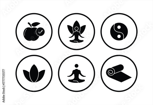 Fitness icon set. Contains yoga, spa, relaxation, health, exercise, diet, fitness, meditation, aromatherapy, vector illustration.