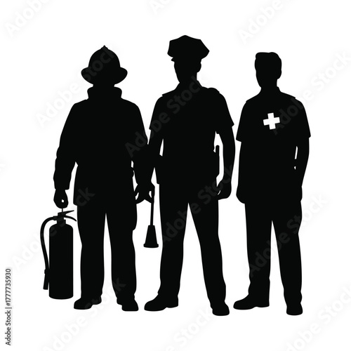 Silhouette of three essential service workers including a firefighter police officer and medical professional