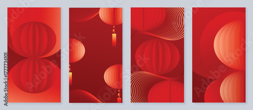 Red Chinese New Year 2026 poster vector set with golden lanterns, firework sparkles and geometric patterns for festive greeting cards, banners and luxury print decoration