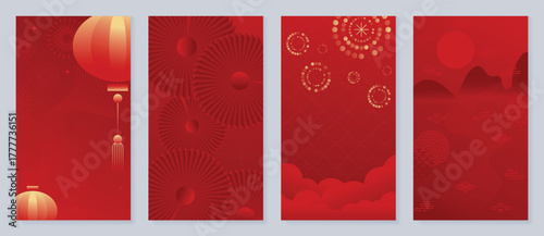 Red Chinese New Year 2026 poster vector set with golden lanterns, firework sparkles and geometric patterns for festive greeting cards, banners and luxury print decoration