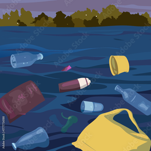 Water pollution due to plastic waste, disturbing and impactful, in a dark and moody illustration