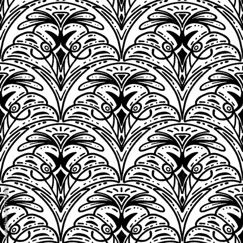 vintage seamless pattern inspired by art nouveau floral motifs, featuring elegant botanical with ornate lines and symmetry, perfect for textile, wallpaper, packaging, fabric, and stationery design