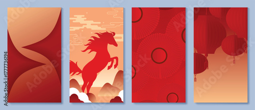 Red and gold Chinese New Year 2026 poster vector set with horse silhouette, abstract waves, circular patterns and hanging lanterns for luxury festive design, greeting cards and print media
