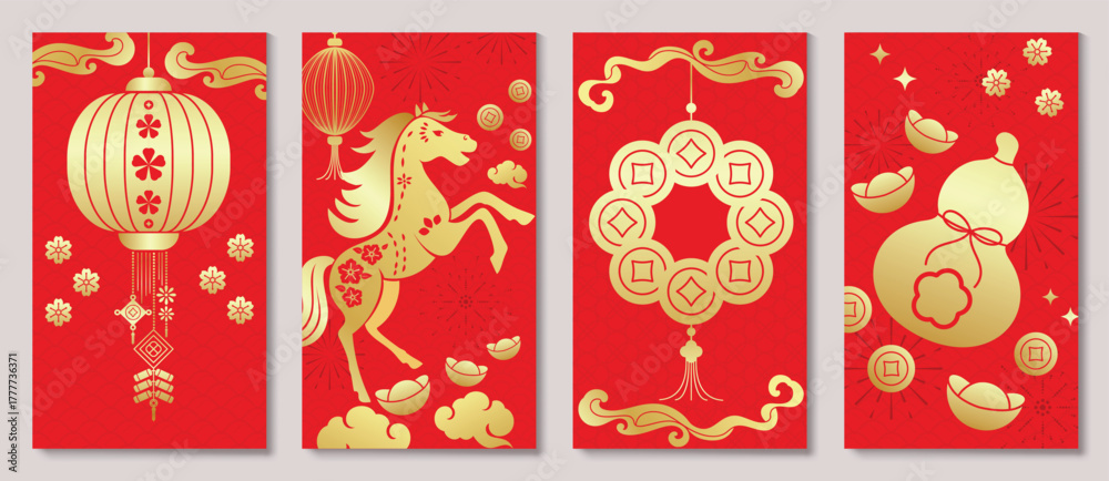 Chinese New Year and Year of the Horse red and gold vector red envelope set with lantern, golden horse, lucky coins, ingots, gourd charm and cloud decorations.